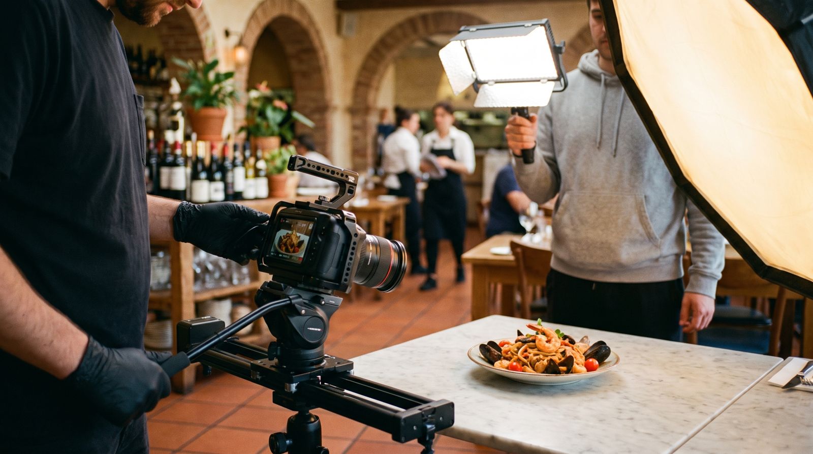 Riprese video di un piatto in un ristorante: camera su slider, luci morbide e una pasta ai frutti di mare